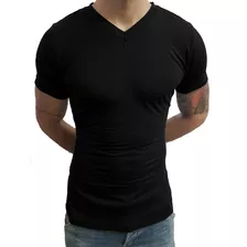 Camiseta Masculina Gola V Slim Top Elastano Manga Curta