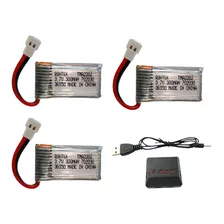 Kit 03 Baterias P / Drones 300 Mah 3,7v + Carregador 4x1 Nfe