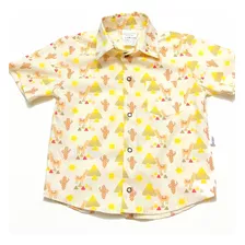 Camisa Social Amarelo Lhama Manga Curta Infantil Menino 1a4