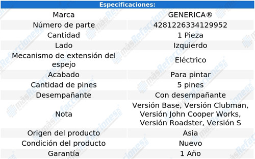 (1) Espejo Izquierdo Elect Generica Cooper Del 2009 Al 2012 Foto 2