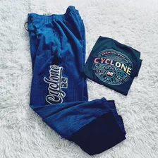 Kit Calça Cyclone Veludo Azul E Preto + Camiseta Algodão