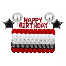 Paquete Globos Feliz Cumpleaños Rojo Negro Plata Blanco 55pz