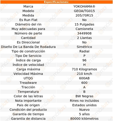 Par Llantas Geoa/tg015 Yokohama 205/70r15 96h Foto 2