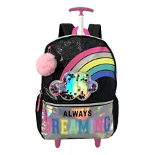 Mochila Escolar Rodinha Meninas Espaçosa + Estojo E Lancheira