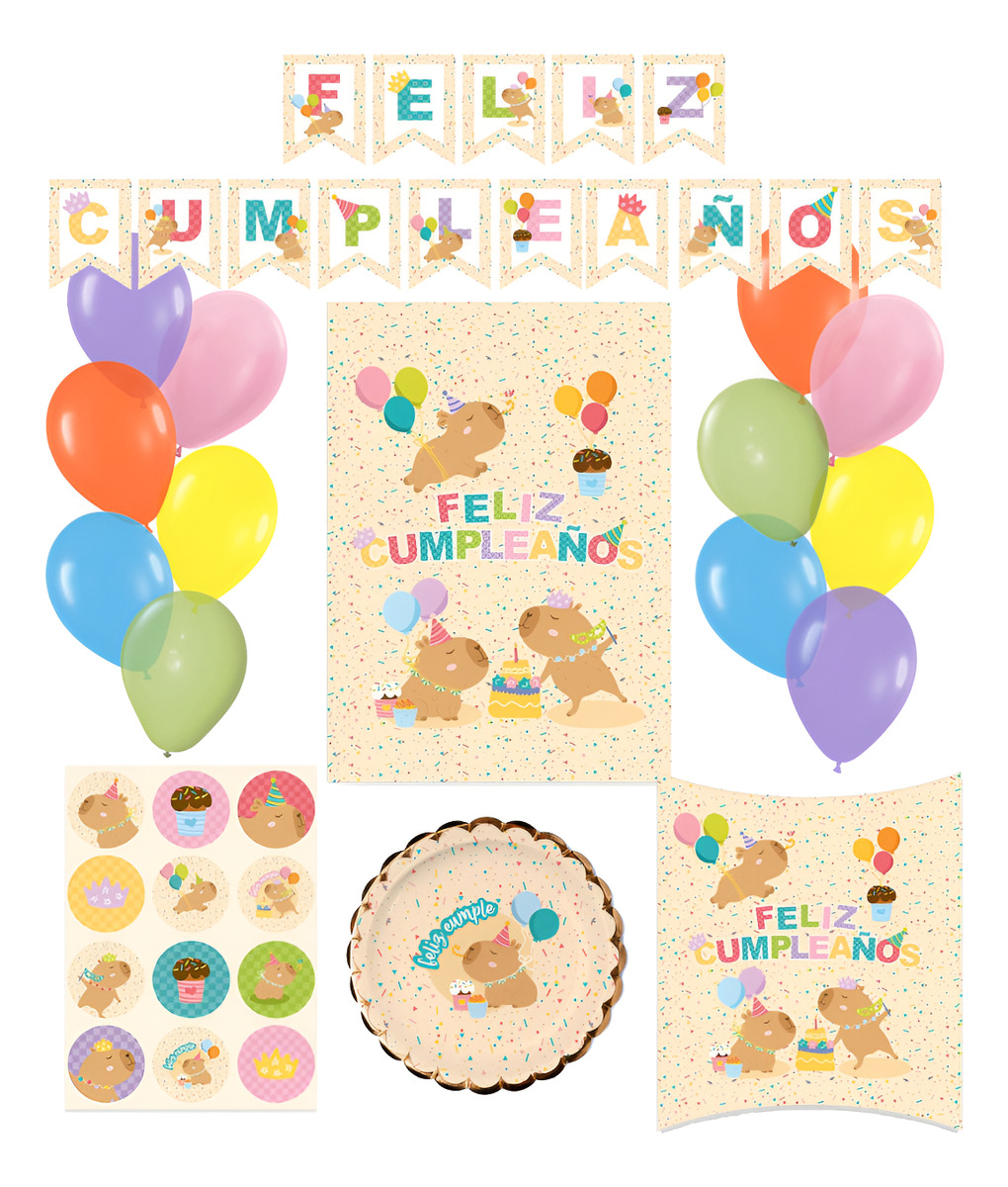 Combo Kit Cumple Carpincho Capibara Decoracion P/8 Cotillon