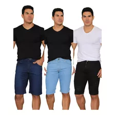 Kit De 3 Bermuda Jeans Escura E Clara Masculina Com Lycra