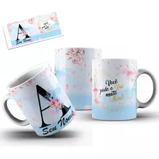 Caneca Personalizada Floral Xícara Cerejeira Nome Letra