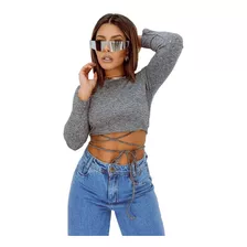 Cropped Blusa Manga Longa De Amarrar Gola Redonda Canelado