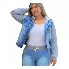 Jaqueta Jeans Com Moletom Feminina Plus Size Azul Escuro