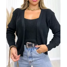 Conjunto Feminino Casaco Suéter De Tricô Com Cropped Regata