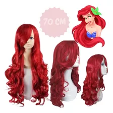 Peruca Ariel Cosplay Vermelha Ondulada + Touca Wig Brinde