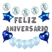 Balão Feliz Aniversário Coração Estrela Bexiga Azul 30un