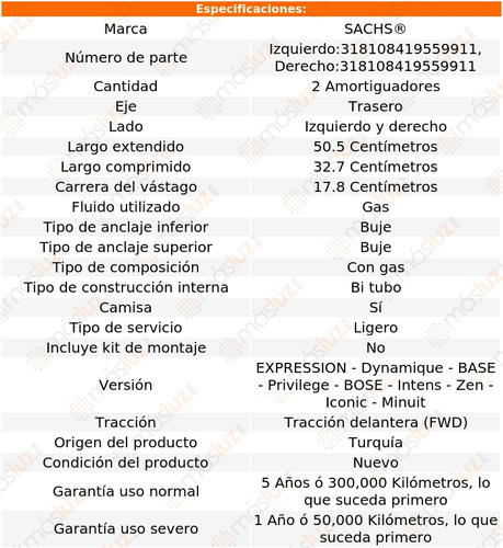 2- Amortiguadores Gas Traseros Koleos L4 2.5l 09/21 Sachs Foto 2