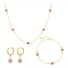 Cordão Chocker + Pulseira + Brinco Argola Pedras Strass Rosa