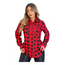 Camisa Xadrez Manga Longa Feminina Com Bolsos Junina