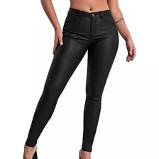 Pantalon Chupin Foil Engomado Cropped Tiro Alto Simil Cuero