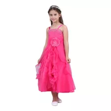 Vestido Niña Largo Rosa Con Brillos Y Flor Fiesta Gala Paje