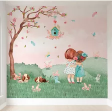 Papel De Parede Meninas Jardim Borboletas Infantil Pp518 M²