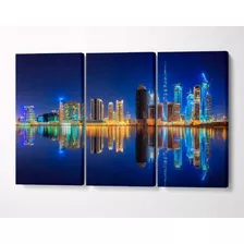 3 Quadros Em Tecido Canvas Dubai Noite Prédios Arranha Céu