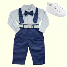 Conjunto Batizado Branco Com Azul Marinho Infantil Baby Terninho Bebe Menino + Sapato Rn Ate 6 Meses