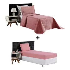 Kit Cobre Leito + Lençol Solteiro 4 Peças Matelado 170 Fios Cor Rosa