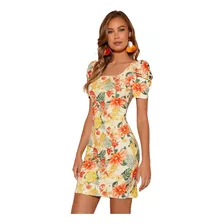 Vestido Ajustado Estampado Floral, Tropical De Manga Farol 