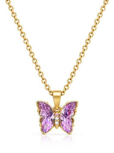 Collar Dije Mariposa Acero Dorado Cristal Lila Ideal Regalo Agua