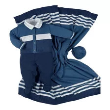 Kit Saida Maternidade Menino Bebe Tricot Azul Petroleo