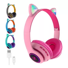 Auriculares Oreja De Gato Gamer Bluetooth Neko Luz Led Usb Color Rosa