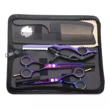 5.5 Inch Purple Hair Cutting Scissors Set With Razor, Leathe