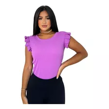 Blusa Regata Canelado Manga Babado Bufante Cores