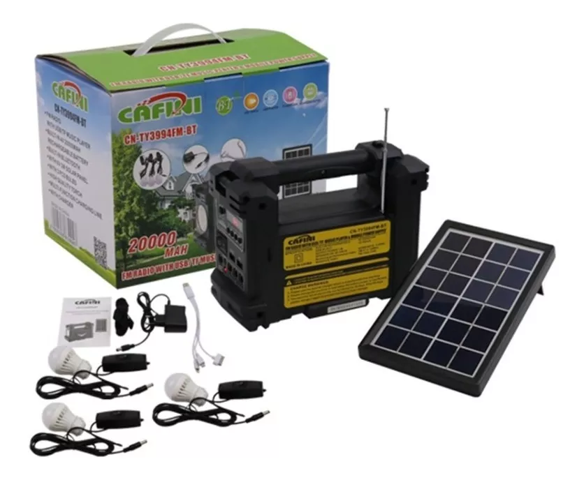 Kit Solar Portátil Cafini Con Panel Solar + 3 Focos Y Radio