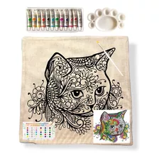 Kit Funda De Cojín Para Pintar Gato Con Flores