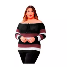 Blusa Tricot Plus Size Feminina Frio Listras Moda Inverno