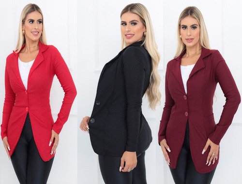 Blazer Feminino Longo Acinturado Maxxi Sem Forro Bengaline