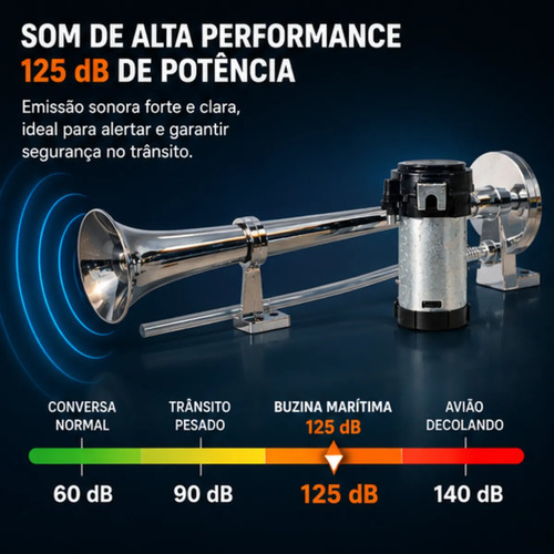 Buzina Marítima 45cm Cromada 12v Com Compressor — foto 4