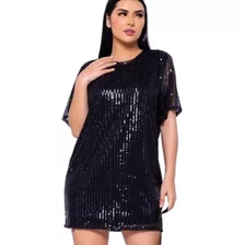 Vestido Camisão Paetê Camisetão Feminino Saltinho Manga Curt