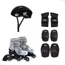 Kit Patins Com Capacete Joelheira Cotoveleira P 30-33 Cinza