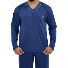 Pijama Masculino Gola V Liso Inverno Conforto Manga Longa