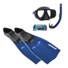 Kit Mergulho Completo Máscara Snorkel Nadadeira Pé De Pato Seasub - Vidros Temperados Intercambiáveis Cor Azul | 33/35