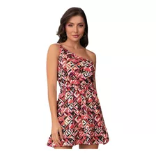 Vestido Casual Geométrico Jersey Acetinado Ombro Só Feminino