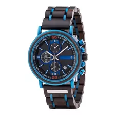 Reloj Original Madera Natural Zebra Y Acero Inoxidable Azul