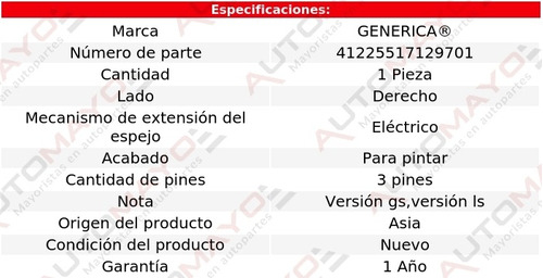 1 Espejo Der Elect P/pintar 3 Pines Mercury 96-97 Foto 2