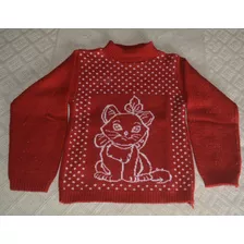 Polera Roja De Lana Fina Diseño Gatito- Ropa Niña 7-8 Años