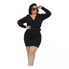 Vestido Plus Size Manga Longa Com Cinto 46 Ao 50