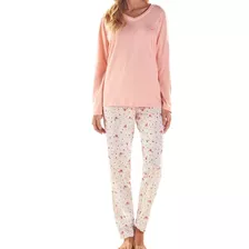 Pijama Feminino Manga Longa C/ Calça Meia Malha Adulto Pzama