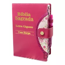 Bíblia Sagrada Letra Gigante Harpa Pink Botão E Caneta