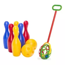 Jogo De Boliche Infantil 6 Pinos 2 Bolas 16cm + Gira Gira