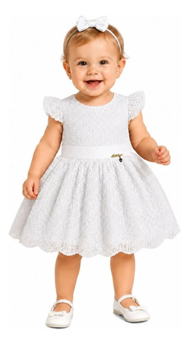 Vestido Infantil Menina Batizado Festa Daminha Cinto Renda Branco Renda 4 (4 Anos)