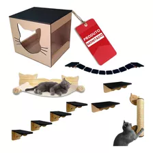 Playground Para Gato 10 Pcs Ponte Prateleira Degrau Caixa Cor Cru Com Carpete Preto